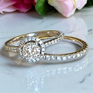 Beautiful 18k White Gold 1.71 CTW Diamond Halo Engagement Ring Wedding Band Set!